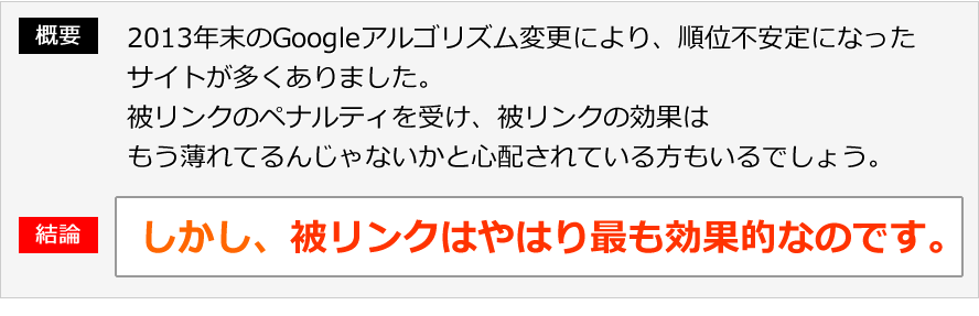 概要：2013年末のGoogleアルゴリズム変更により、順位不安定になったサイトが多くありました。
被リンクのペナルティを受け、被リンクの効果はもう薄れてるんじゃないかと心配されている方もいるでしょう。結論：しかし、被リンクはやはり最も効果的なのです。