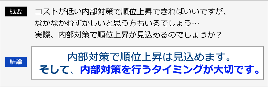 概要：コストが低い内部対策で順位上昇できればいいですが、なかなかむずかしいと思う方もいるでしょう...　実際、内部対策で順位上昇が見込めるのでしょうか？。結論：内部対策で順位上昇は見込めます。そして、内部対策を行うタイミングが大切です。