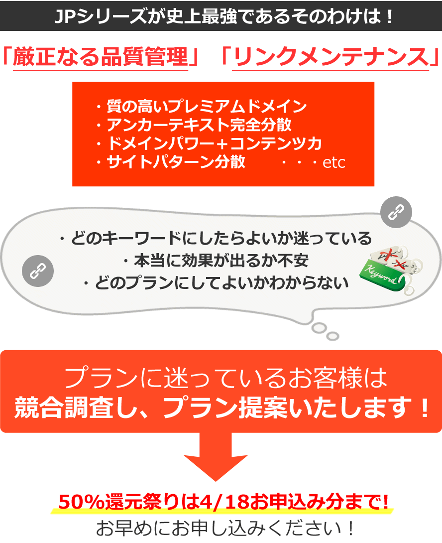 JPシリーズが史上最強であるそのわけは！「厳正なる品質管理」「リンクメンテナンス」・質の高いプレミアムドメイン・アンカーテキスト完全分散・ドメインパワー＋コンテンツ力・サイトパターン分散...etc。・どのキーワードにしたらよいか迷っている・本当に効果が出るか不安・どのプランにしてよいかわからない。プランに迷っているお客様は競合調査し、プラン提案いたします！50%還元祭りは4/18お申込み分まで!お早めにお申し込みください！