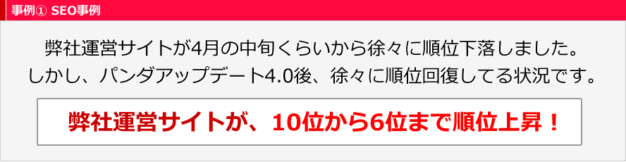 弊社運営サイトが4月の中旬くらいから徐々に順位下落しました。しかし、パンダアップデート4.0後、徐々に順位回復してる状況です。弊社運営サイトが、10位から6位まで順位上昇！