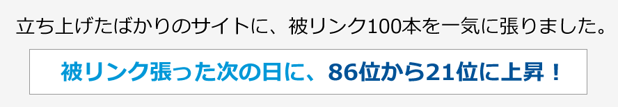 立ち上げたばかりのサイトに、被リンク100本を一気に張りました。被リンク張った次の日に、86位から22位に上昇！