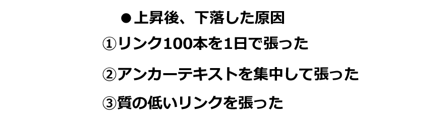 ●上昇後、下落した原因　?リンク100本を1日で張った　?アンカーテキストを集中して張った　?質の低いリンクを張った