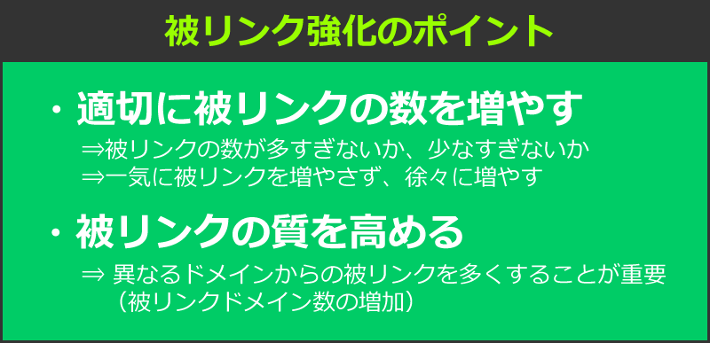 被リンク強化のポイント　・適切に被リンクの数を増やす⇒被リンクの数が多すぎないか、少なすぎないか⇒一気に被リンクを増やさず、徐々に増やす　・被リンクの質を高める⇒異なるドメインからの被リンクを多くすることが重要（被リンクドメイン数の増加）