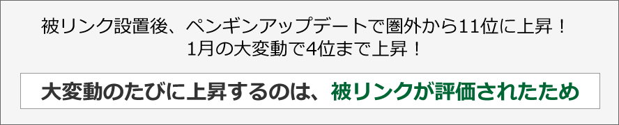 被リンク設置後、ペンギンアップデートで圏外から11位に上昇！1月の大変動で4位まで上昇！大変動のたびに上昇するのは、被リンクが評価されたため