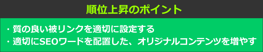 順位上昇のポイント　質の良い被リンクを適切に設定する　適切にSEOワードを配置した、オリジナルコンテンツを増やす