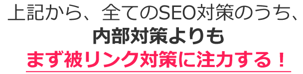 上記から、全てのSEO対策のうち、内部対策よりもまず被リンク対策に注力する！