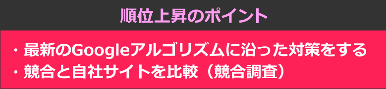 順位上昇のポイント　・最新のGoogleアルゴリズムに沿った対策をする・競合と自社サイトを比較（競合調査）