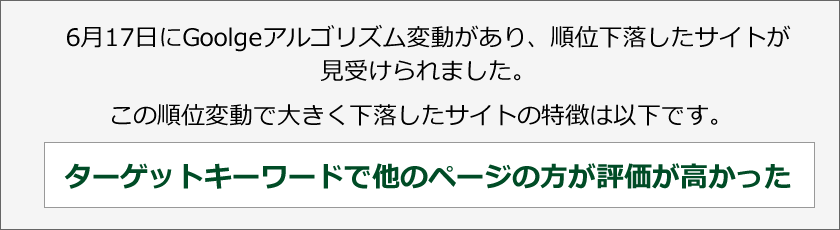 6月17日にGoolgeアルゴリズム変動があり、順位下落したサイトが見受けられました。この順位変動で大きく下落したサイトの特徴は以下です。ターゲットキーワードで他のページの方が評価が高かった